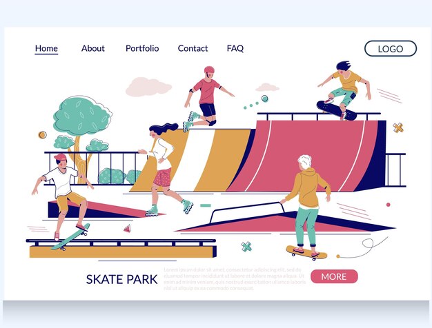 plantilla de diseño de la página de aterrizaje del sitio web vectorial del parque de skate