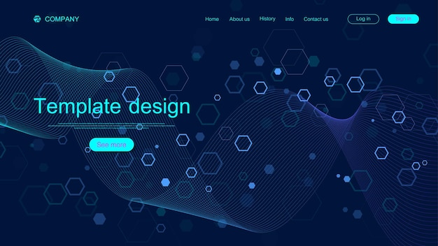 Plantilla de diseño de página de destino para ciencia, medicina, tecnologías, negocios, educación con hexágonos y coloridas ondas dinámicas. Diseño de página de destino moderno para sitios web o vector de aplicación.