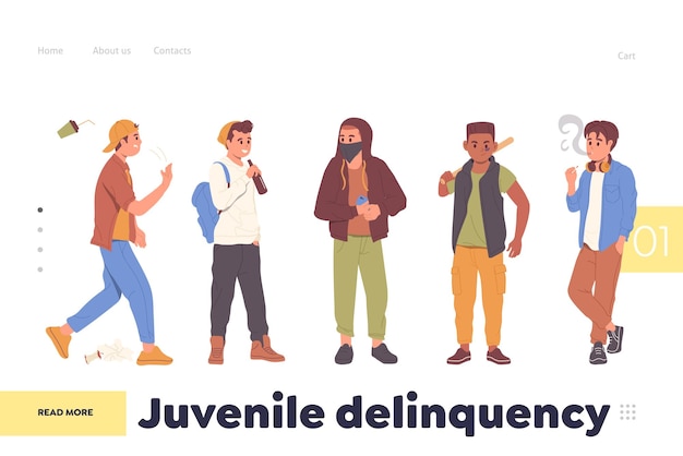 Vector plantilla de diseño de página de destino que brinda información sobre el problema social de la delincuencia juvenil