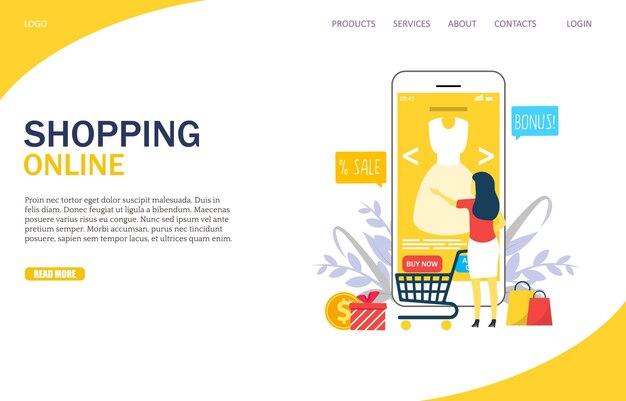 Plantilla de diseño de página de destino de sitio web de compras en línea