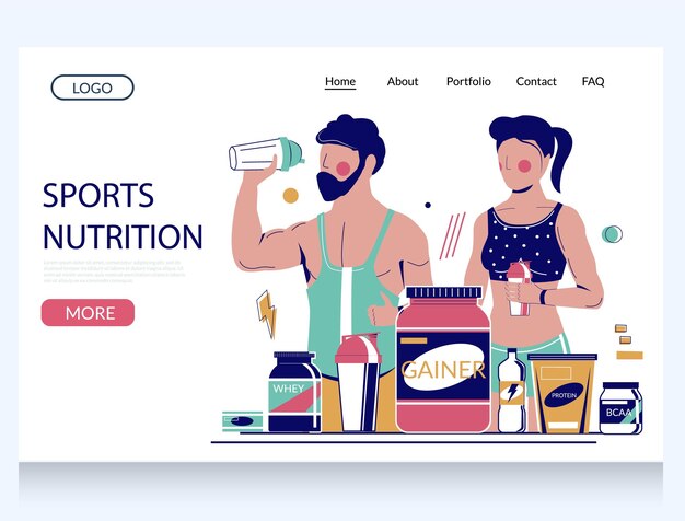 plantilla de diseño de la página de destino del sitio web de nutrición deportiva vectorial