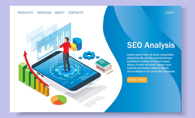 Plantilla de diseño de página de destino de sitio web de vector de análisis de seo