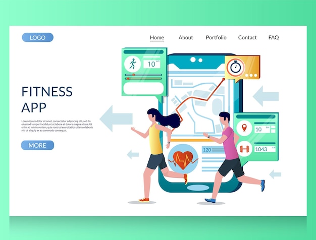 Plantilla de diseño de página de destino de sitio web de vector de aplicación de fitness