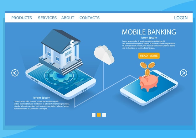 Plantilla de diseño de página de destino de sitio web de vector de banca móvil