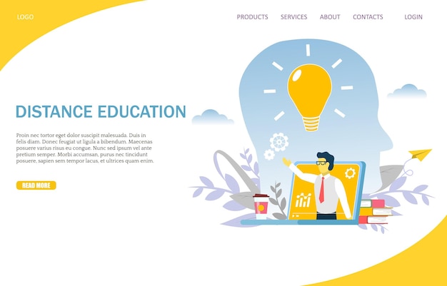 Plantilla de diseño de página de destino de sitio web de vector de educación a distancia
