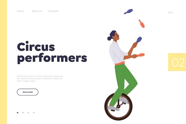 Plantilla de diseño de página de inicio de artistas de circo con malabarista de hombre montando monociclo mostrando truco