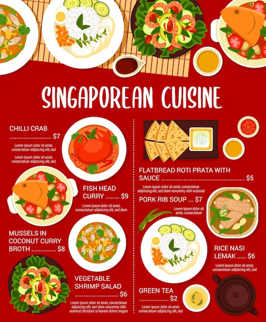 Plantilla de diseño de página de menú de cocina de singapur