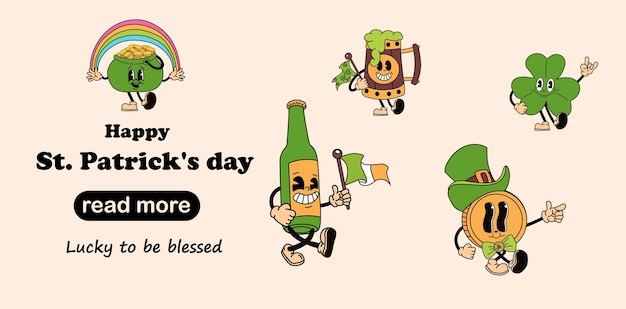 plantilla de diseño de página web Un conjunto de personajes de dibujos animados diseñados como mascotas del Día de San Patricio