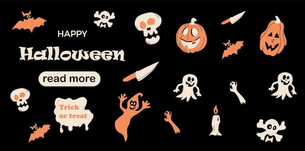 plantilla de diseño de página web Fiesta de Halloween Iconos tradicionales de Doodle Ilustración vectorial para cartel