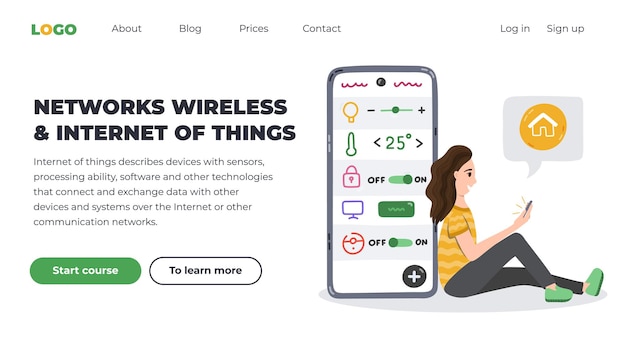 plantilla de diseño de página web con una mujer sentada apoyándose en un gran teléfono y controlando dispositivos inteligentes a través del teléfono