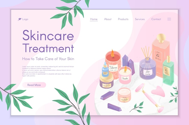 Plantilla de diseño de página web para el tratamiento del cuidado de la pieltutoriales de rutina de bellezapawellnessproductos naturalescosméticoscuidado personal