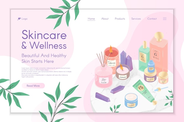 Plantilla de diseño de página web para tratamientos de cuidado de la pielpawellnesstutorial de rutina de bellezaproductos naturalescosméticoscuidado personal