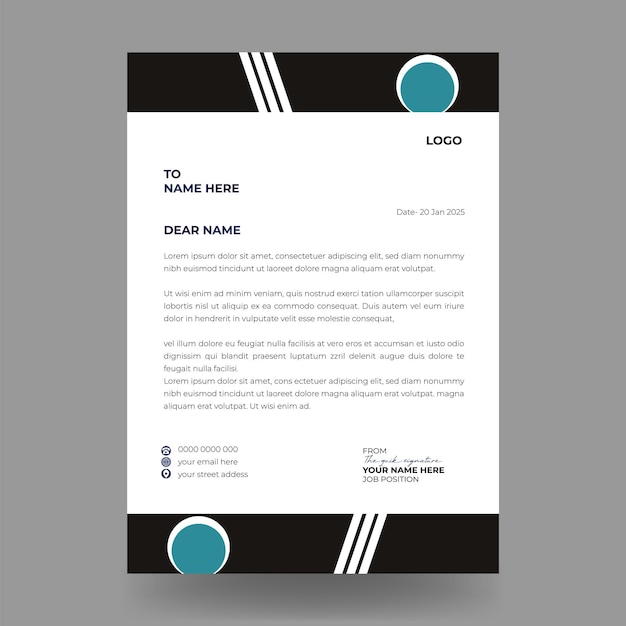 plantilla de diseño de papel de carta con formas abstractas con color negro y azul