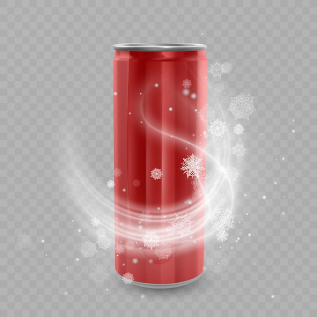 Plantilla para el diseño del paquete de bebidas, lata de aluminio de color rojo, lata metálica de bebida de hielo. ilustración realista