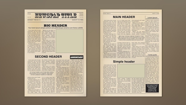 Vector plantilla de diseño de periódico antiguo vintage de dos páginas