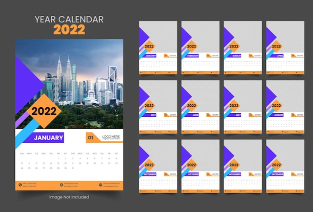 Vector plantilla de diseño de planificador anual de calendario colorido moderno de pared de 2022 años