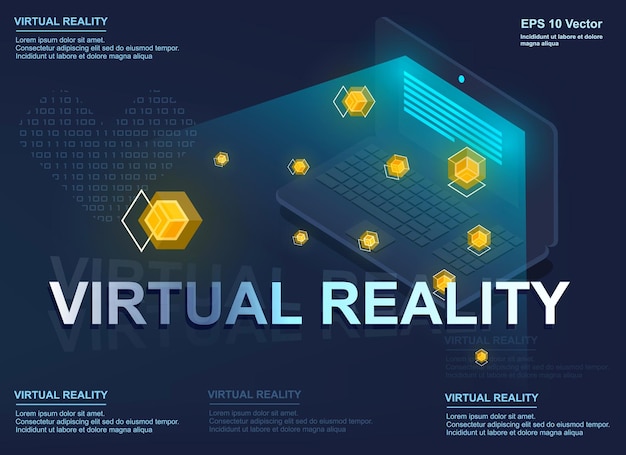 Plantilla de diseño plano de banner isométrico de concepto de realidad aumentada para aplicación de computadora y realidad virtual de sitio web