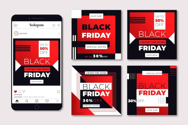 Plantilla de diseño plano conjunto de publicaciones de instagram de viernes negro