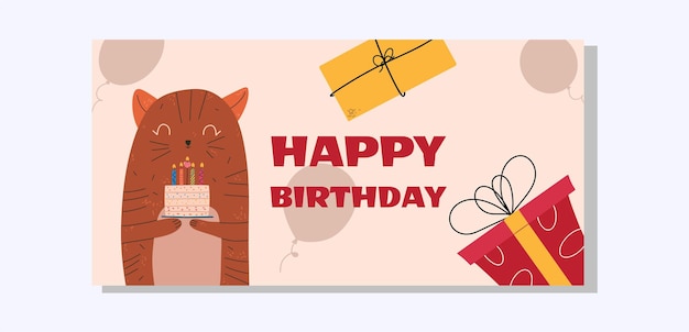 Plantilla de diseño plano de cumpleaños con pastel de gato y regalos Ilustración vectorial