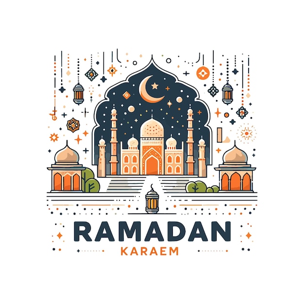 plantilla de diseño plano de texto de Ramadan Kareem escrita en árabe con ilustración vectorial de colores moderna