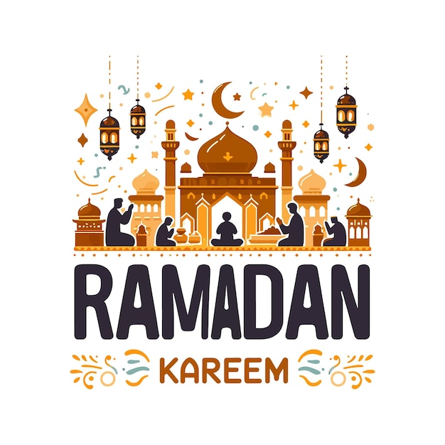 Plantilla de diseño plano de texto de ramadan kareem escrita en árabe con ilustración vectorial de colores moderna