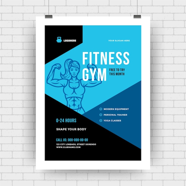 Vector plantilla de diseño de portada de evento de diseño tipográfico moderno de volante de gimnasio con silueta de mujer. ilustración de vector.