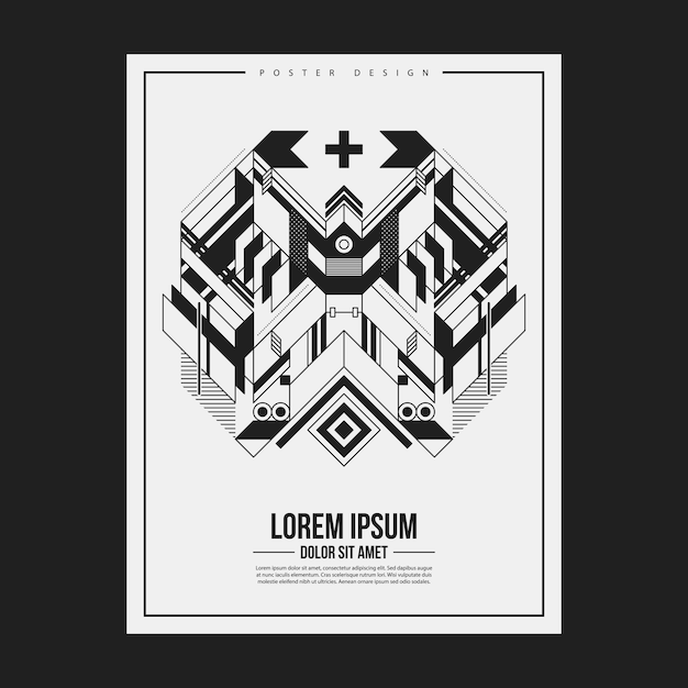 Plantilla de diseño de póster / impresión con elemento abstracto simétrico sobre fondo blanco. Útil para portadas de libros y revistas.