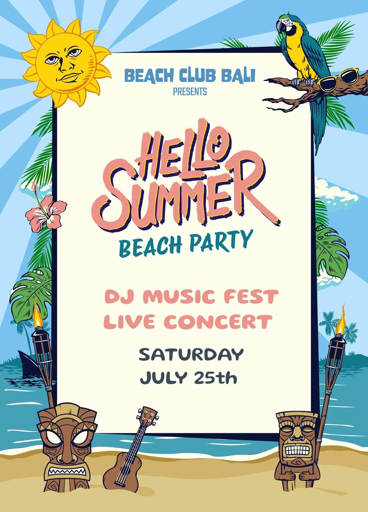 Vector plantilla de diseño de póster de música de playa de verano con fondo de playa