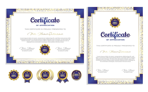 Plantilla de diseño de premio de certificado de color dorado Certificado moderno limpio con insignia de oro