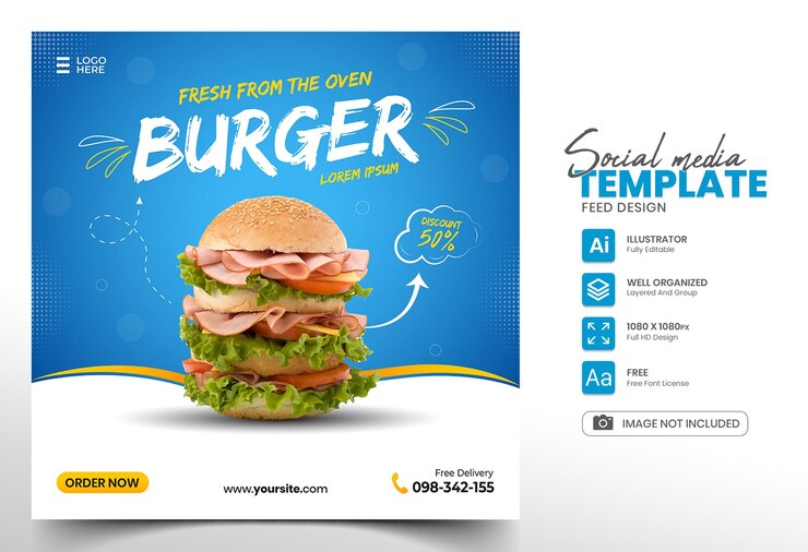 Plantilla de diseño de publicación de banner y promoción de redes sociales de comida de hamburguesa de fondo azul
