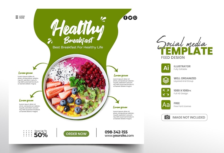 Vector plantilla de diseño de publicación de banner y promoción de redes sociales de comida saludable deliciosa