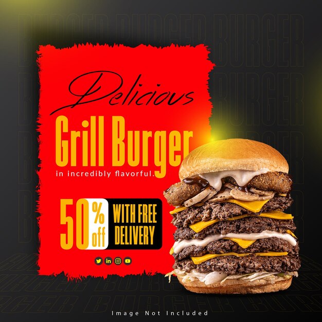 Vector plantilla y diseño de publicación de instagram de deliciosa hamburguesa a la parrilla