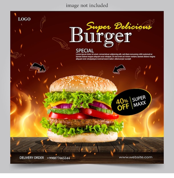 Vector plantilla de diseño de publicación de redes sociales de banner de comida de hamburguesa