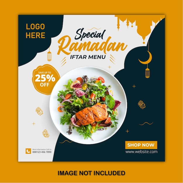 Plantilla de diseño de publicación de redes sociales de menú de comida especial de ramadán y banner web Vector Premium