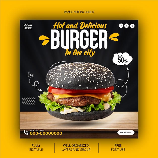 plantilla de diseño de publicación de redes sociales de menú de comida y hamburguesa deliciosa de vector