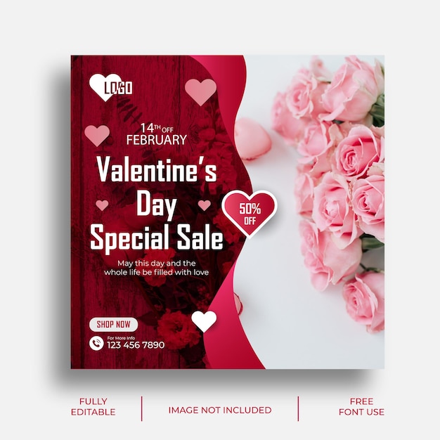 Plantilla de diseño de publicación de redes sociales promocionales de venta especial del día de san valentín