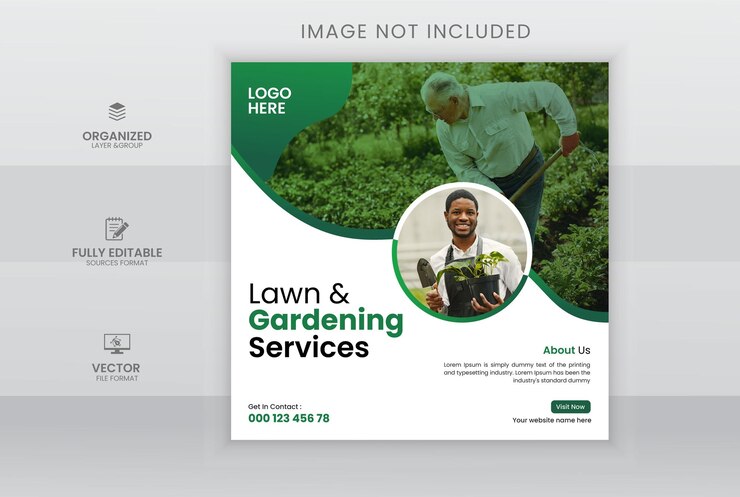 Plantilla de diseño de publicación de redes sociales del servicio de césped y jardinería