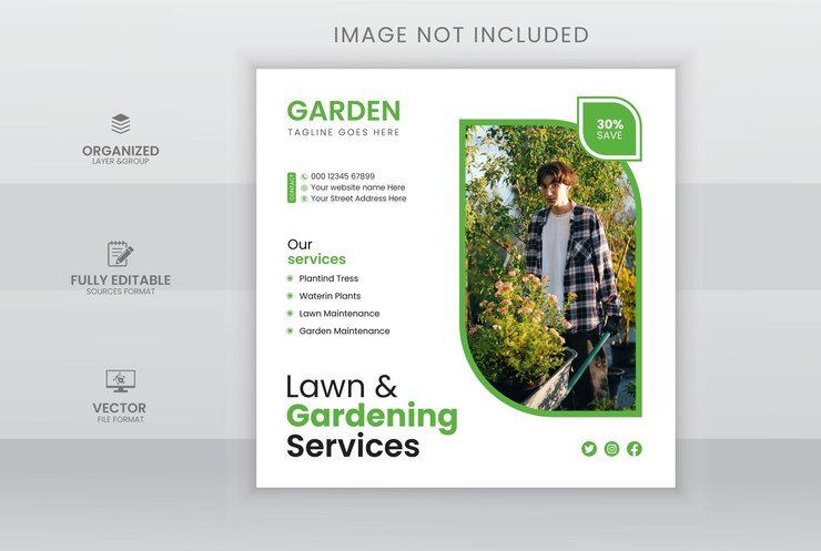Plantilla de diseño de publicación de redes sociales del servicio de césped y jardinería