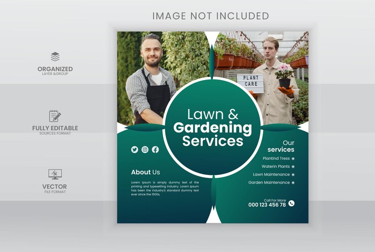 Plantilla de diseño de publicación de redes sociales del servicio de césped y jardinería