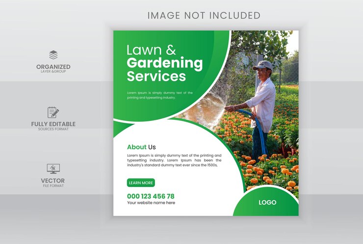 Plantilla de diseño de publicación de redes sociales del servicio de césped y jardinería