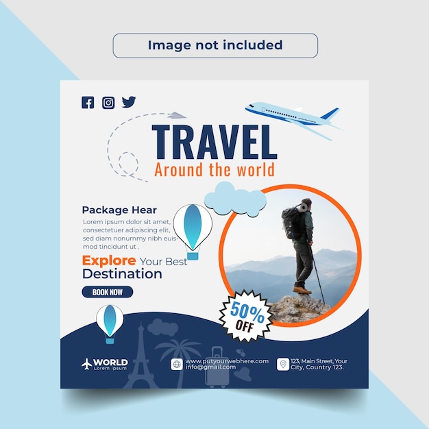 Plantilla de diseño de publicaciones en redes sociales de viajes y giras, concepto para el Día Mundial del Turismo