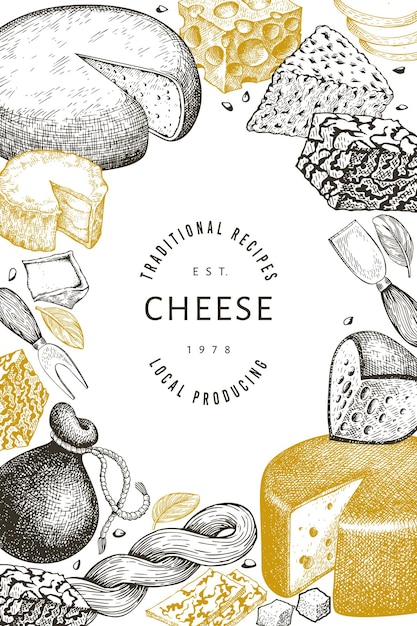 Plantilla de diseño de queso. ilustración de lácteos de vector dibujado a mano. bandera de diferentes tipos de queso de estilo grabado. fondo de comida vintage.