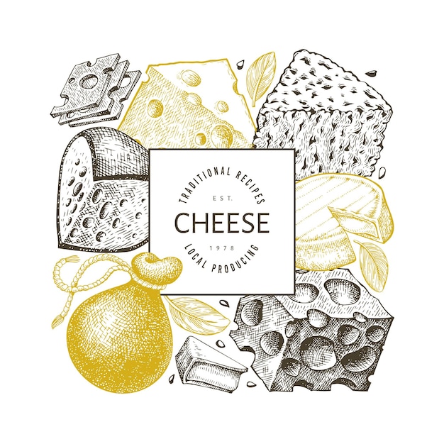 Plantilla de diseño de queso. Ilustración de lácteos de vector dibujado a mano.