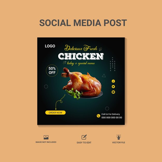 Vector una plantilla de diseño de redes sociales con un delicioso menú de pollo y comida