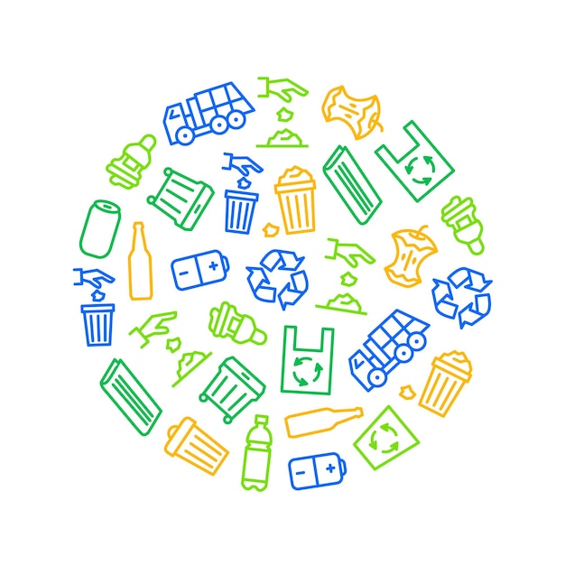 Plantilla de diseño redonda de línea delgada relacionada con la basura Incluye una bolsa de lámpara y una botella de vidrio Ilustración vectorial de iconos