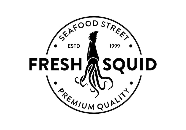 Plantilla de diseño redondo circular de logotipo vintage de mariscos de calamar