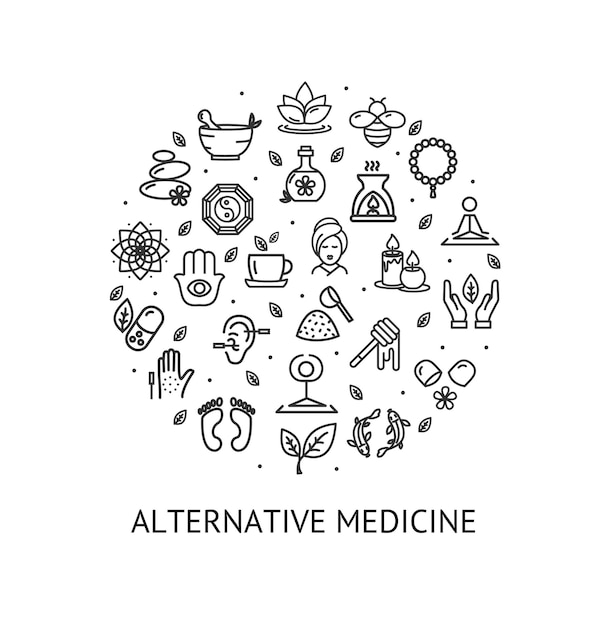 Vector plantilla diseño redondo medicina alternativa con líneas contorno icono concepto
