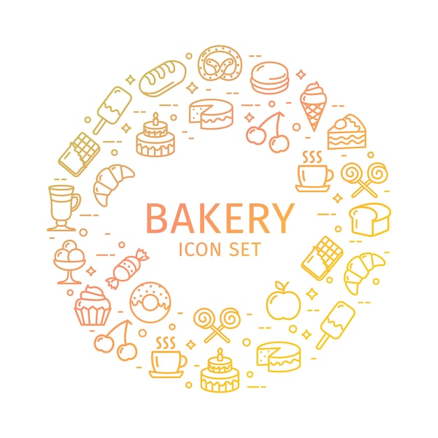 Plantilla de diseño redondo de panadería Vector de concepto de icono de línea delgada
