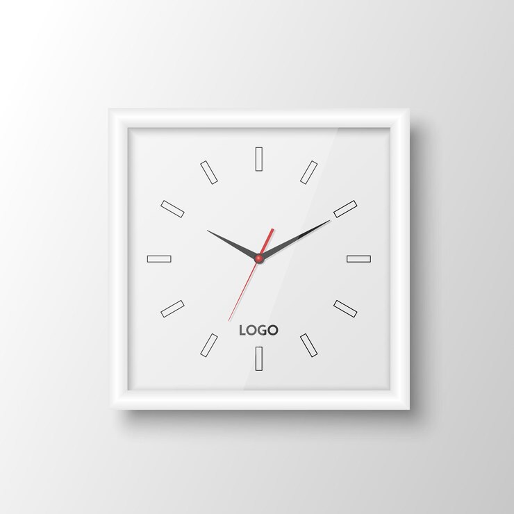 Vector plantilla de diseño de reloj de oficina de pared blanca cuadrada realista vectorial 3d aislada en blanco maqueta de reloj de pared para marca y publicidad diseño de cara de reloj aislado
