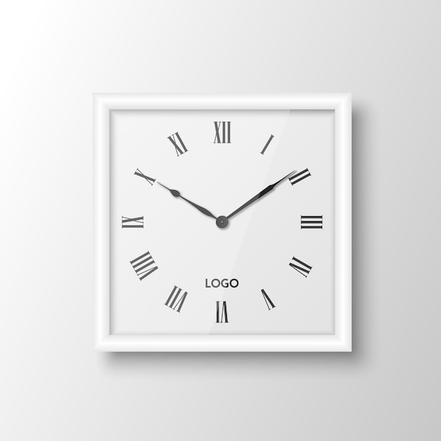 Vector plantilla de diseño de reloj de oficina de pared blanca cuadrada realista vectorial 3d aislada en blanco maqueta de reloj de pared para marca y publicidad diseño de cara de reloj aislado